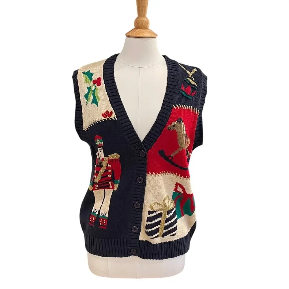Lauren Gayle Navy, Red, Christmas Patchwork Sweater Vest, Nutcracker, Holly, M